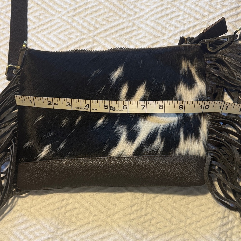 Brown& White Fringe Cowhide Crossbody Bag with Tassel - Picture 10 of 11